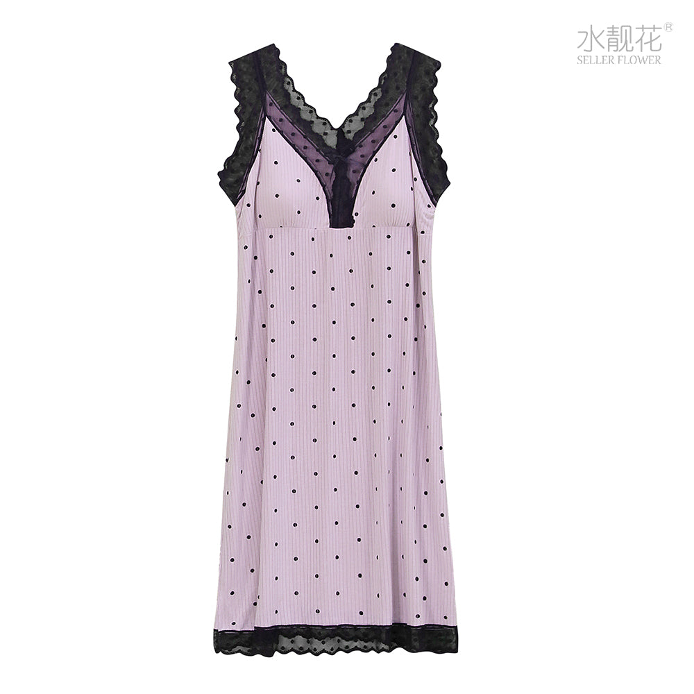 Women's Summer Polka Dot Lace Padded Cami Nightgown with Built-in Bra-862