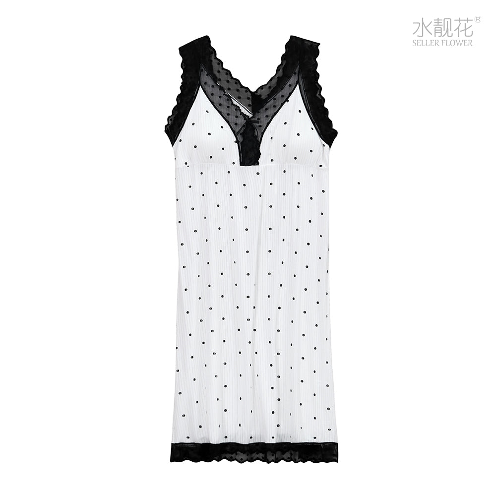 Women's Summer Polka Dot Lace Padded Cami Nightgown with Built-in Bra-862
