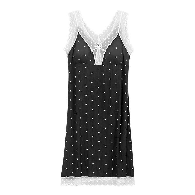 Women's Summer Polka Dot Lace Padded Cami Nightgown with Built-in Bra-862